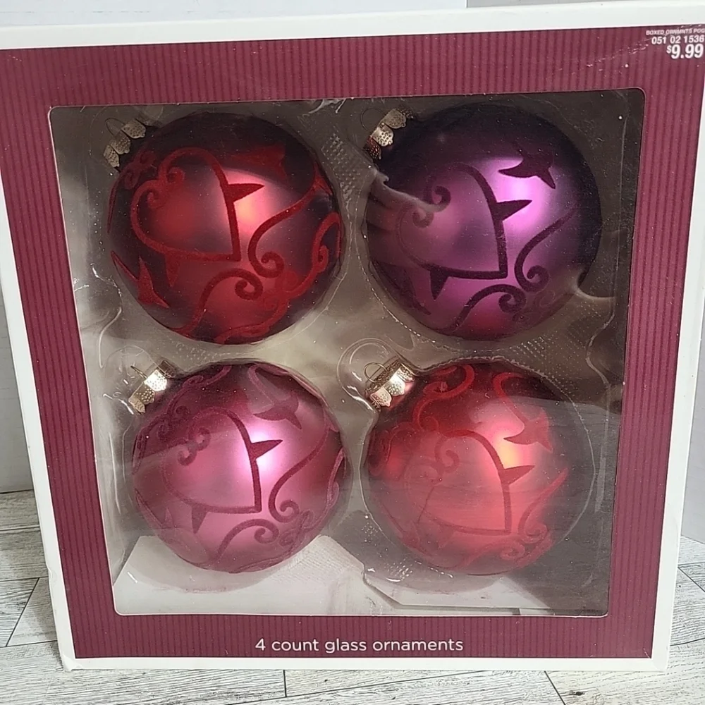 Glass Ornaments With Felt Heart Design 4 Pack NEW‎ Jewel Tones 4